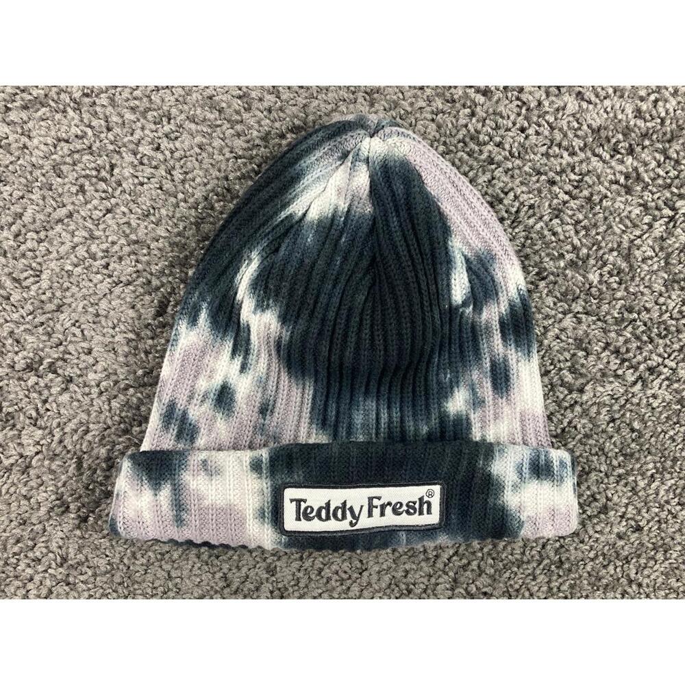 Teddy Fresh Tie-Dye Knit Beanie Hat Black Gray One Size 100% Cotton